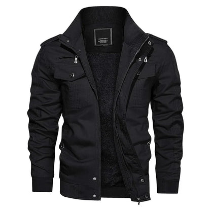 Men's Fleece Jackets Windbreaker Coats Fall Winter Thermal Bomber Jackets Multi-pockets Stand Collar Motorcycle Jacket
