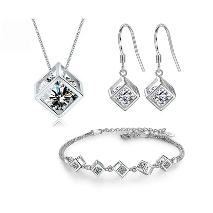 ANENJERY Silver Color Luxury Shiny Square Cube Necklace Earrings Bracelet For Women Gift Zircon Anniversary Gift