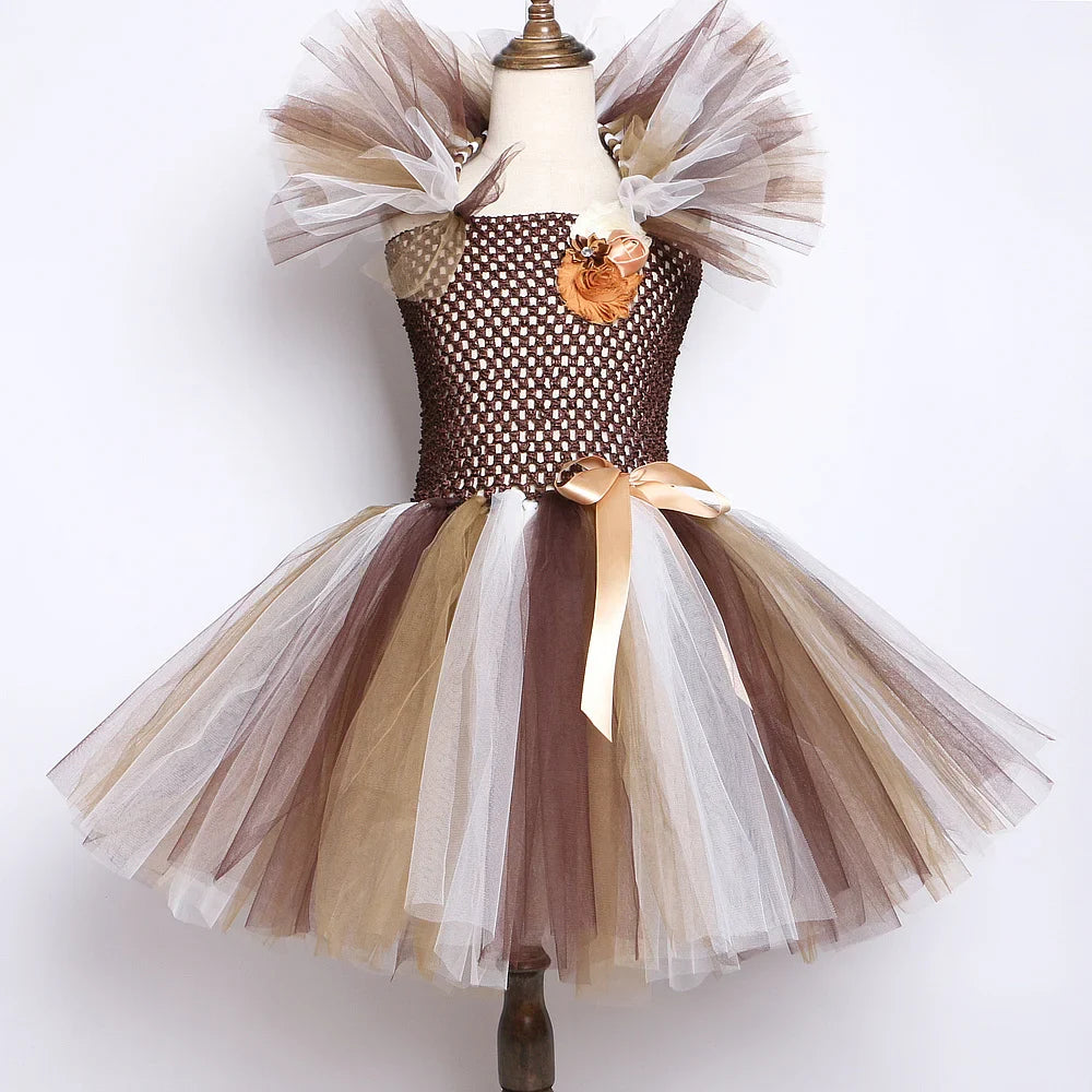 Brown Jungle Lion Costume for Baby Girls Animal Party Fancy Tutu Dress for Kids Halloween Christmas Tulles Outfit with Hairs Bow