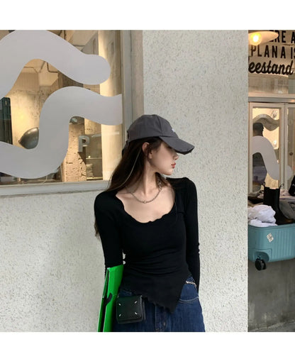 Long Sleeve T-shirts Women Fungus Line Irregular Hem Knitted Slender Autumn Bottoming Tees Chic Fashion Sexy Solid Ulzzang New