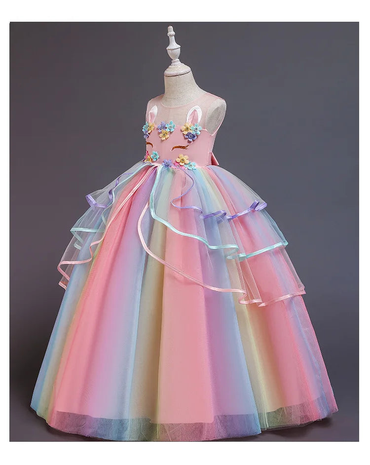 Vestido Longo de Festa de Casamento Unicórnio Arco-Íris para Menina Vestido de Performance de Dança de Personagem de Unicórnio para Festa de Aniversário de Menina Conjunto de Três Peças