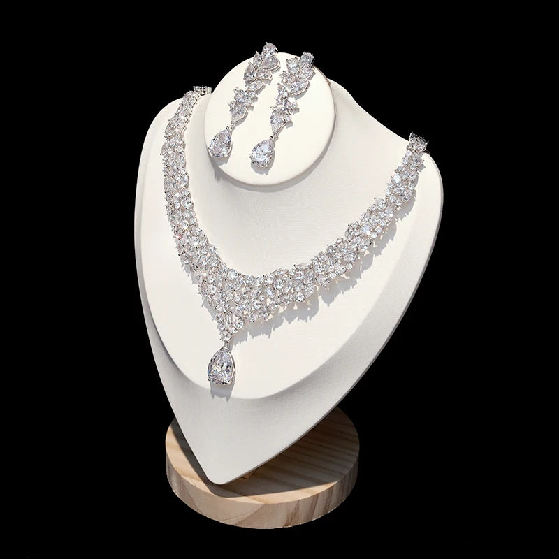 Conjuntos de joyería nupcial de lujo, Zirconia cúbica brillante, collar de boda, pendientes, accesorios para novias X0826