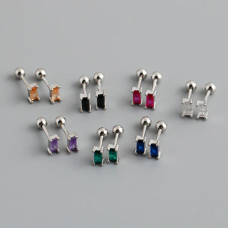 925 Sterling Silver Colorful Square Shiny Zircon Beads Piercing Stud Earrings for Women Fashion Gothic Exquisite Jewelry