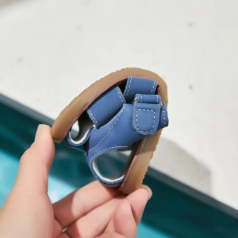 Children frosted genuine leather beach sandals boys barefoot non-slip sandals with cowhide lining baby soft Navy blue sandals