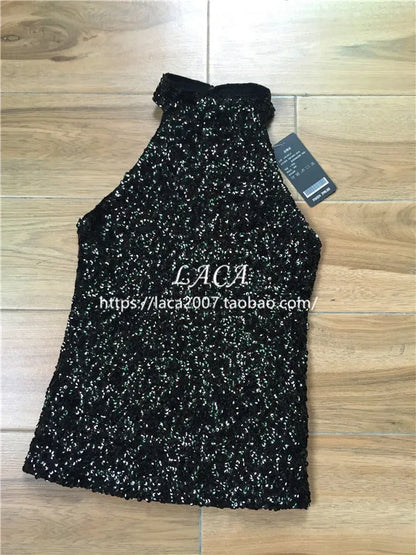 Sequins Women Fashion Shimmer Flashy Embellished High Quality Halter Neck Sleeveless Vest Sexy Tank Top Clubwear Stage Perform
