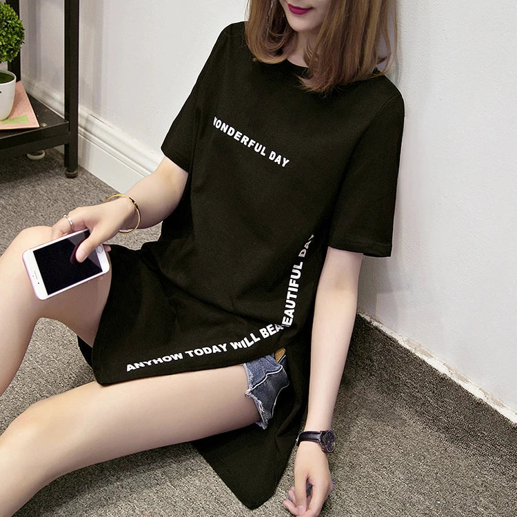 T shirts Summer Women Loose Slit Femme Tops  Tshirt Short sleeve Ladies t-shirt