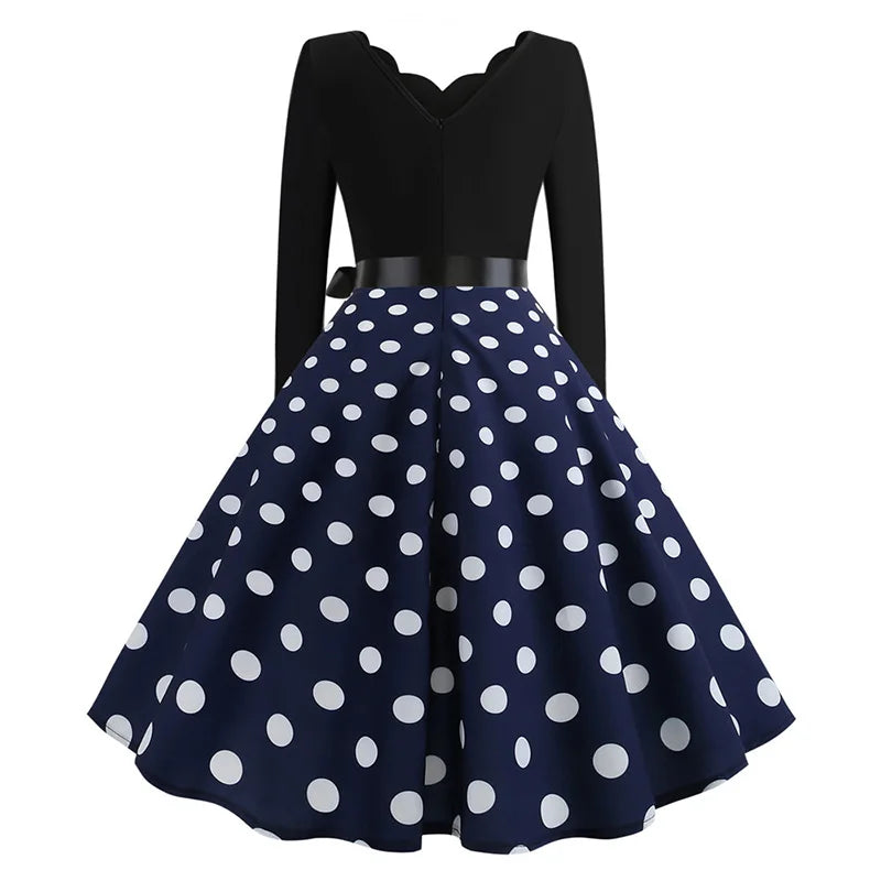Women Vintage Long Sleeve Polka Dot Dress Spring Autumn New Year Party Dresses 3XL Black Vestidos