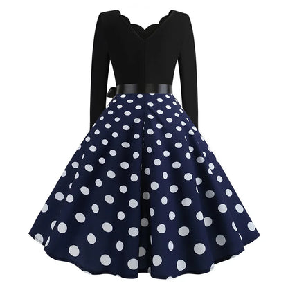 Women Vintage Long Sleeve Polka Dot Dress Spring Autumn New Year Party Dresses 3XL Black Vestidos