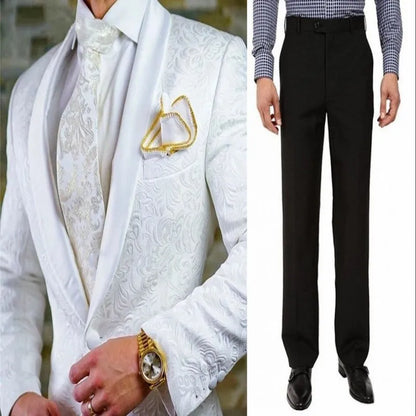 White Pattern Groom Tuxedos Shawl Satin Lapel Men Suits 2 Pieces Wedding Bridegroom ( Jacket + Pants + Tie  ) D201