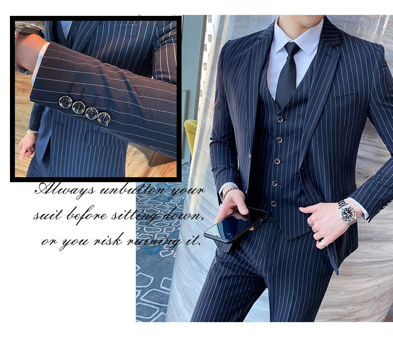 ( Jacket + Vest + Pants ) Prom Groom Tuxedos Latest Designs Male Wedding Suits 3Pcs Set Men's striped casual business suit