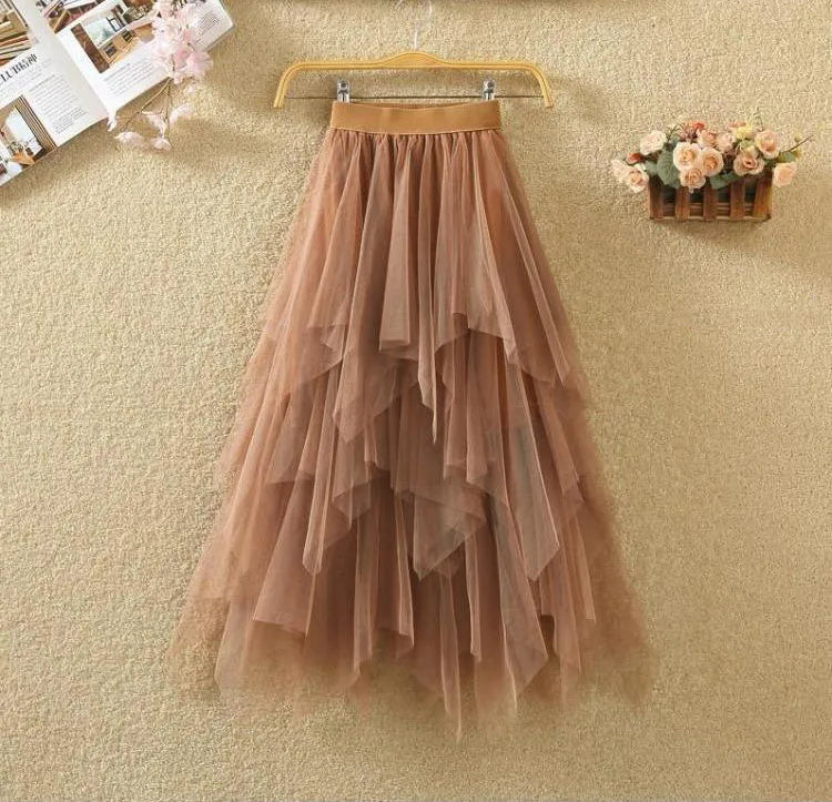 Women Sweet  Midi Spring And Summer High Waist Solid Asymmetrical Elegant Chic White Mesh Tulle Skirts Faldas