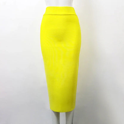 Women Candy Color Sexy Neon Green Brown Orange Yellow Knee Length Bandage Pencil Skirt 2020 Designer Skirt Faldas 78cm