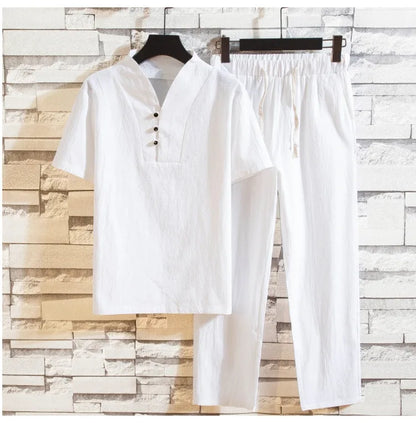 (Shirt + trousers) 2025 summer men shirt Man Cotton and linen shirts Short sleeve men's casual shirts men A set of clothes M-5XL