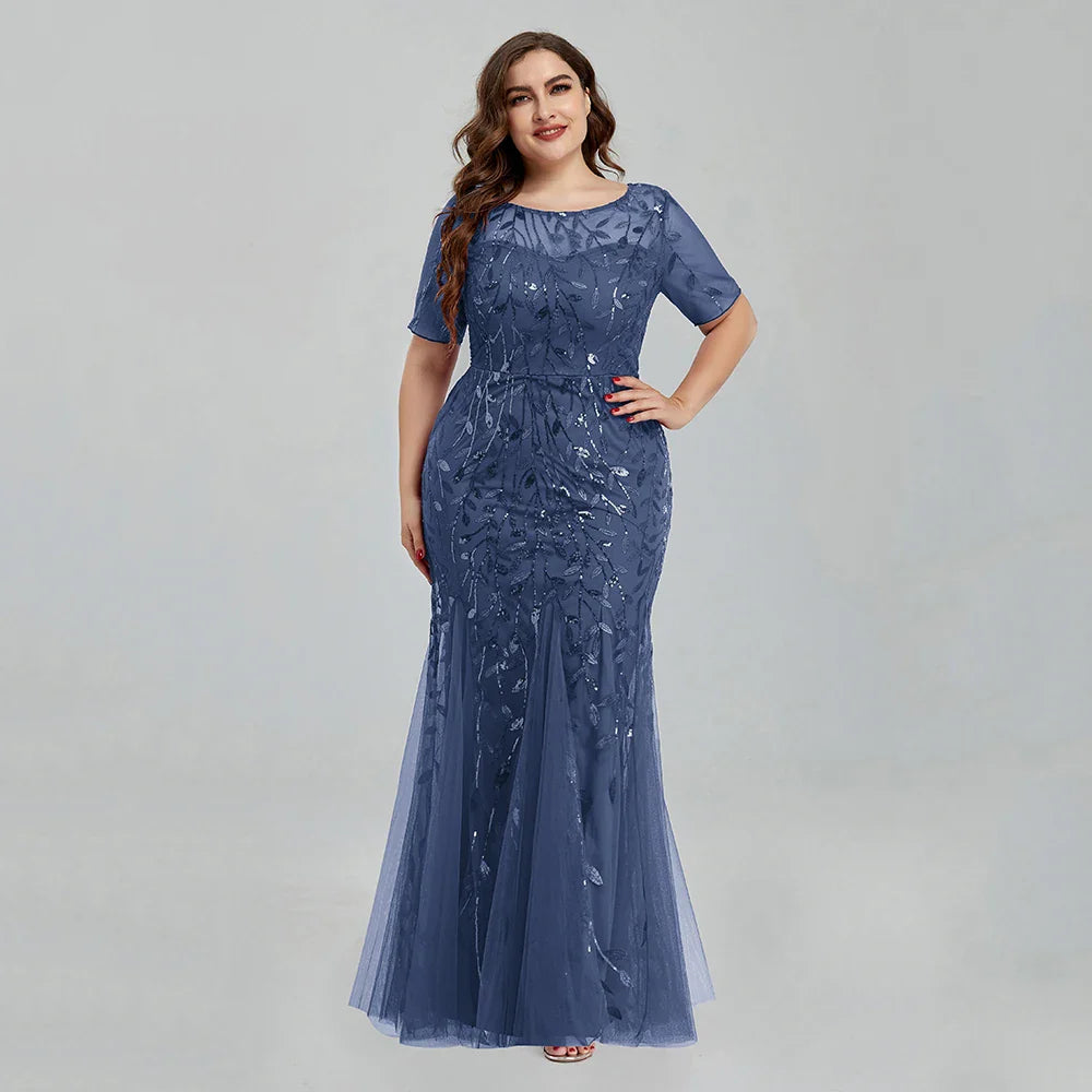 Women Plus Size Sequin Mesh Embroidery Mermaid  Evening Dress Formal Short Sleeve Elegant Party Prom Gowns 2020 New Long Dress
