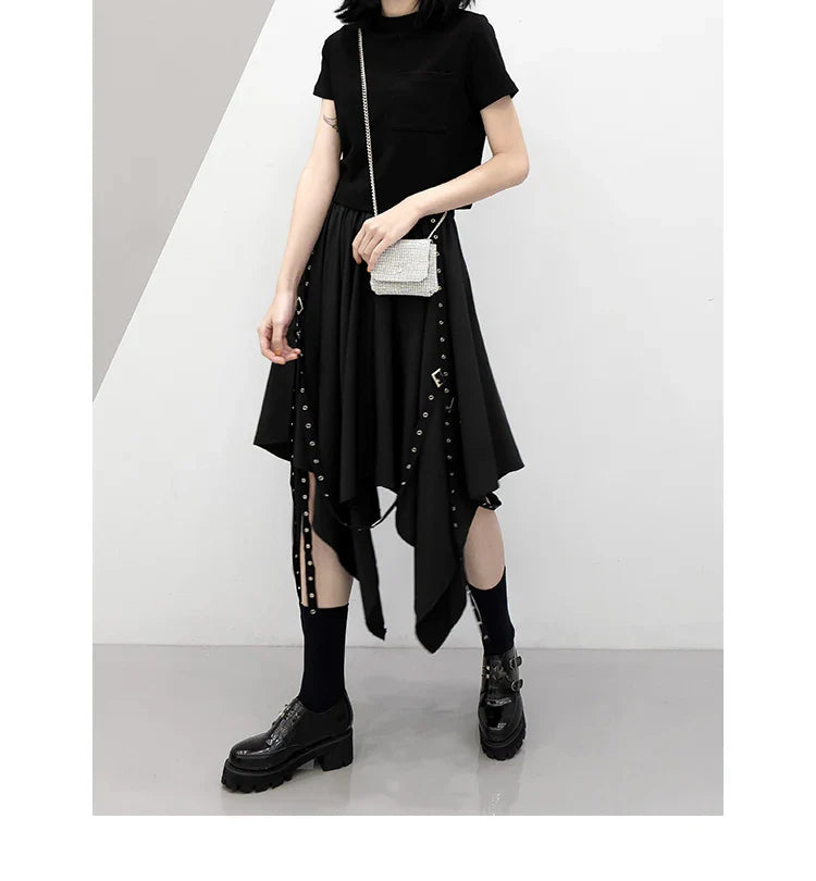Irregular Skirt Girl's New Dark Tie Street Punk Wind Weave Buckle Medium-length Y2k Gothic Long Skirt
