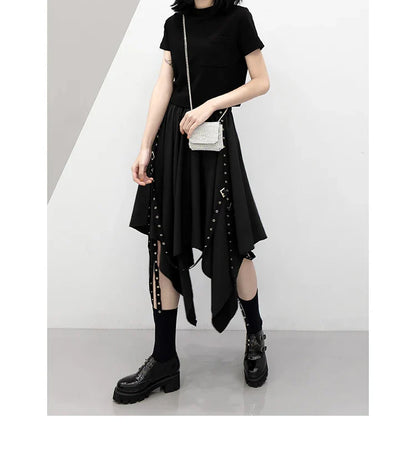 Irregular Skirt Girl's New Dark Tie Street Punk Wind Weave Buckle Medium-length Y2k Gothic Long Skirt