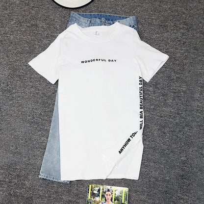 WONDERFUL DAY Print Long T shirts Summer Women Loose Slit Femme Tops  Tshirt Short sleeve Ladies t-shirt