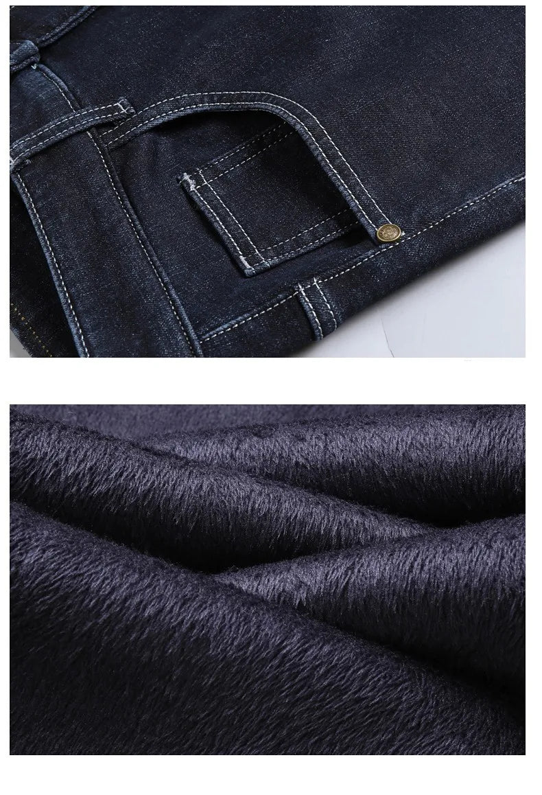 Winter New Men's Warm Blue Black Slim Jeans Classic Style Stretch Slim Fit Thick Pants Fashion Trousers Male Brand
