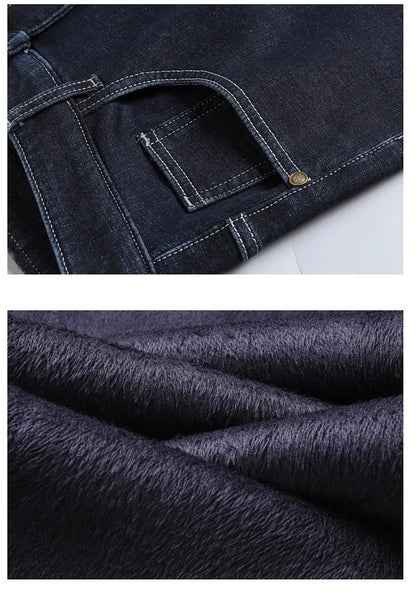Winter New Men's Warm Blue Black Slim Jeans Classic Style Stretch Slim Fit Thick Pants Fashion Trousers Male Brand