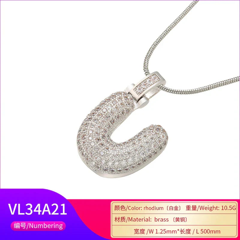1.25x500mm Fat and lovely crystal brass silver color  letter necklace for women friends birthday gift model: VL34