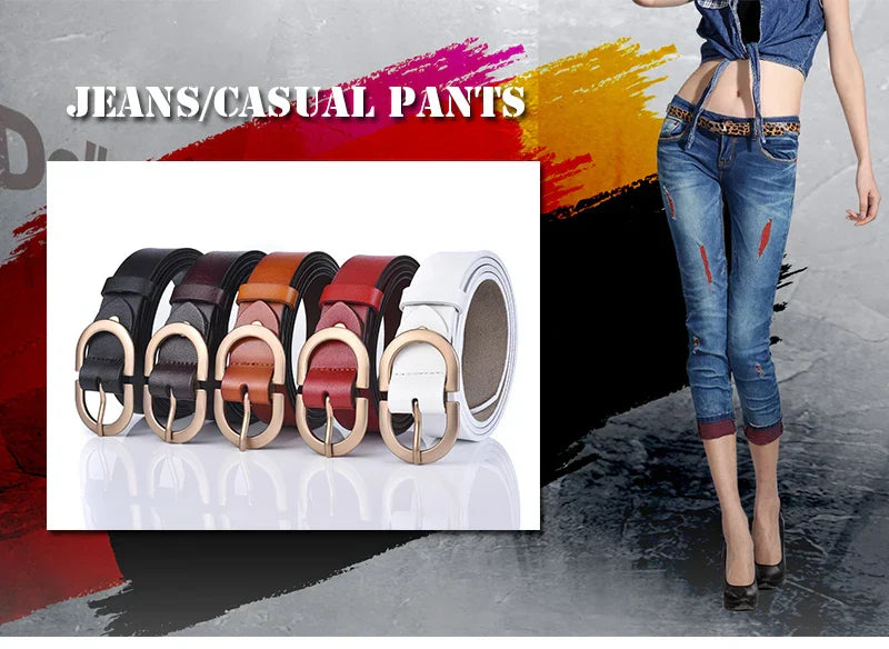 Official Authentic Woman Leather Belt Golden Alloy Buckle Natural Cowhide Ladies Jeans Belt Trousers Belt Female ZK105