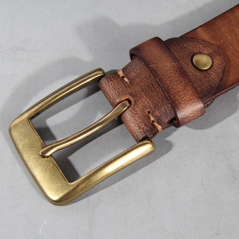 Luxury Handmade Leather Copper Buckle Man's Belt Cinturon Gotico Cowhide Retro All-match Casual Jeans Soft Belt ABC