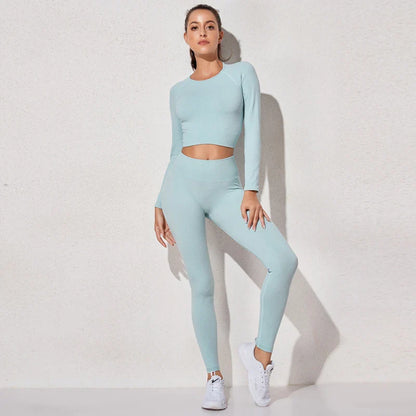 Women's Sportswear Yoga Set Workout Clothes Athletic Wear Sports Gym Legging Seamless Fitness Bra Crop Top Long Sleeve Yoga Suit