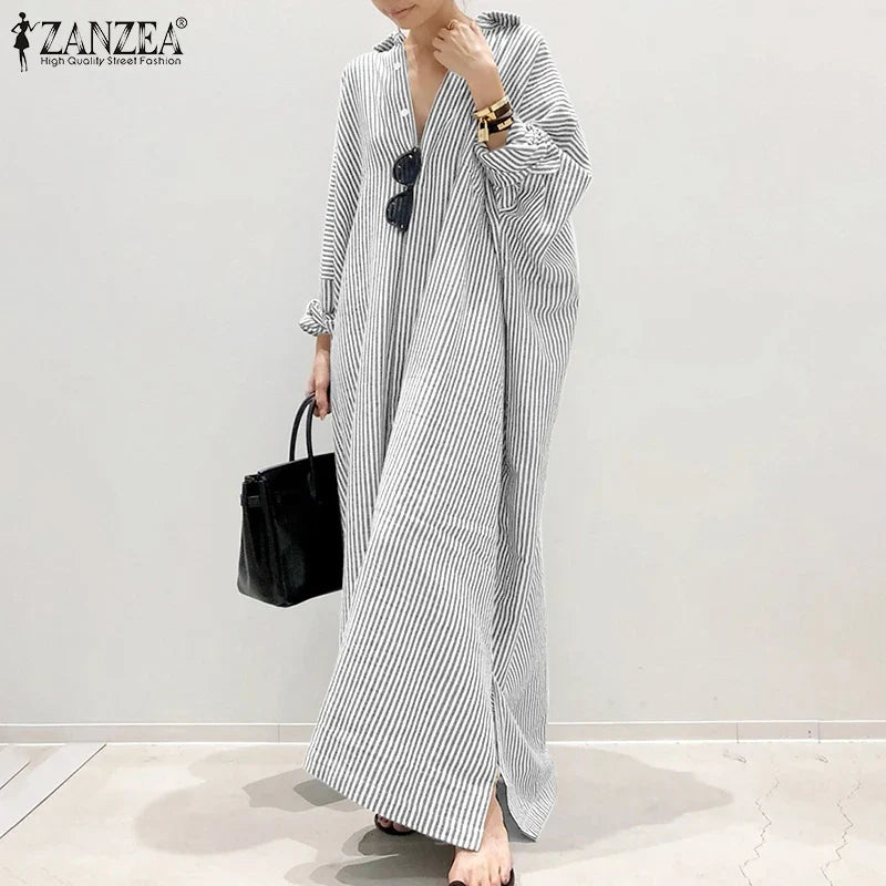 2025 Stripe Printed Beach Party Sundress Spring Fall Bohemian Women Long Sleeve Lapel Dress Fashion Casual Loose Vestidos