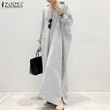 2025 Stripe Printed Beach Party Sundress Spring Fall Bohemian Women Long Sleeve Lapel Dress Fashion Casual Loose Vestidos