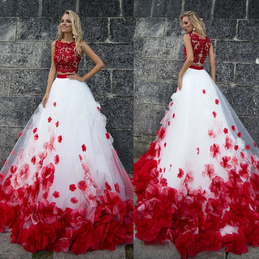 Bohemian Flower White Red Lace Tank Wedding Wedding Dresses Two Piece Beach Wedding Dresses Bridal Gown Romantic Button