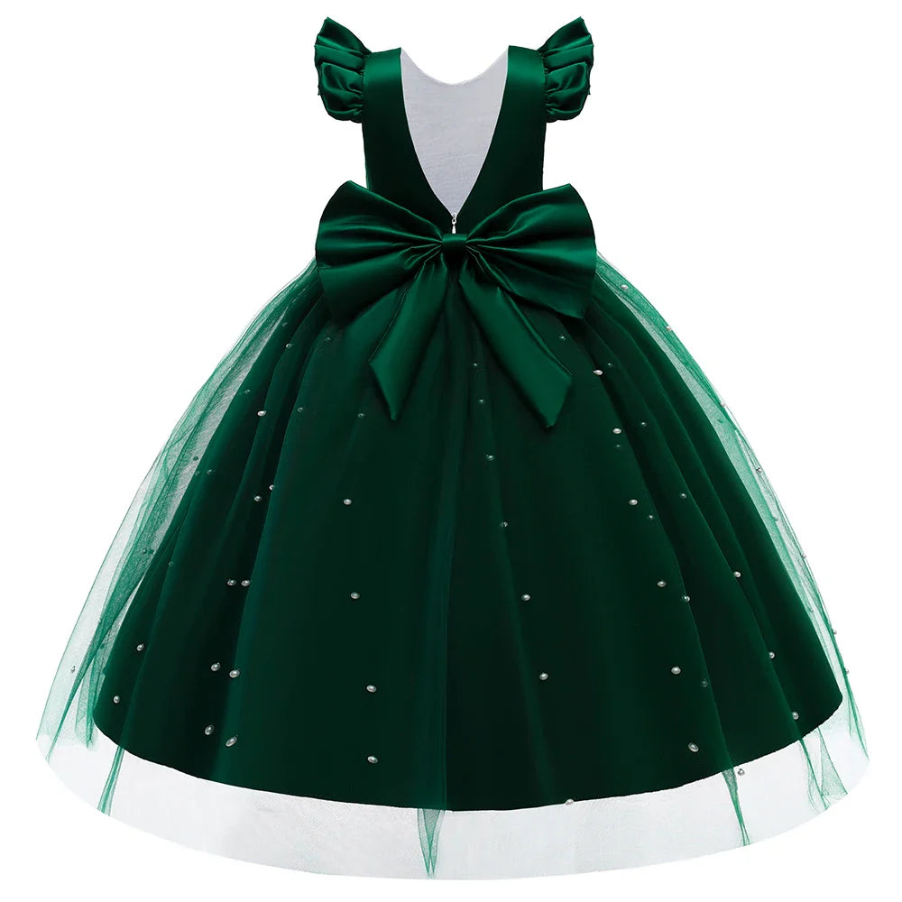 Teen Big Bow Girls Princess Dresses for Bridesmaids Kids Party Dress for Girl Beading Wedding Prom Pageant Dress Gown 5-14 Years