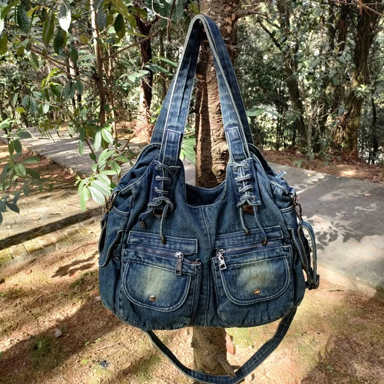 Women's Denim Bag Y2K Vintage Blue Jean Purse and Handbags Crossbody Shoulder Wallet Large Capacity