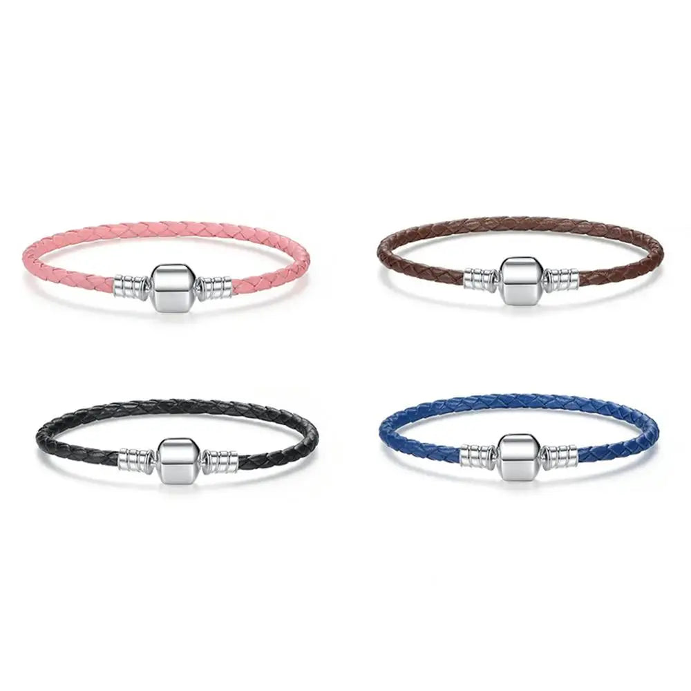 Genuine Long Double Pink Black Braided Leather Chain Women Bracelets with 925 Sterling Silver Snake Clasp PAS908