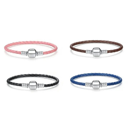 Genuine Long Double Pink Black Braided Leather Chain Women Bracelets with 925 Sterling Silver Snake Clasp PAS908