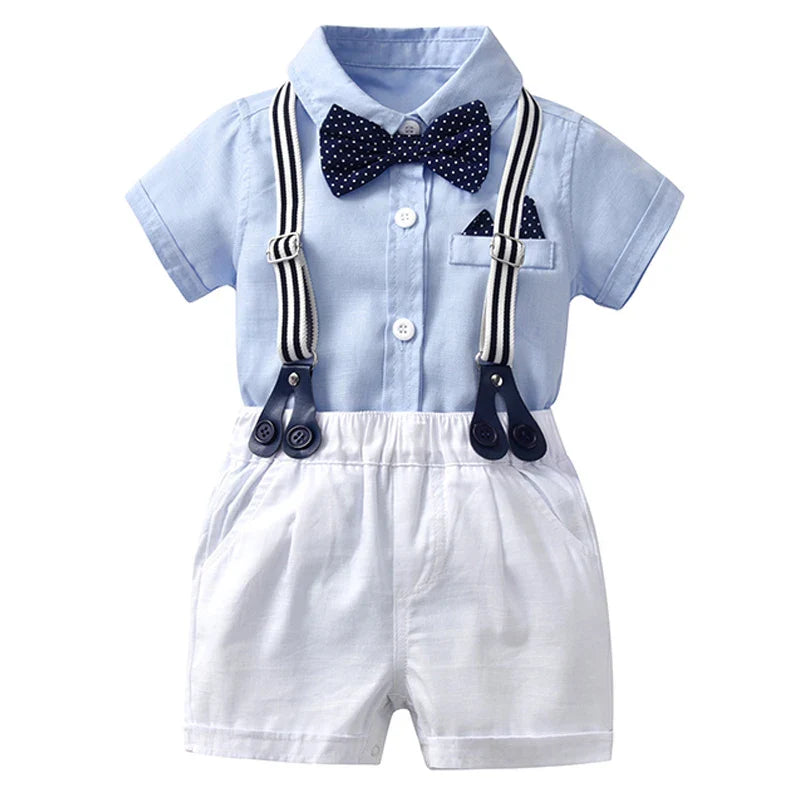 Solid Newborn Baby Boy Outfit Set Bow Formal Gentleman Suit for Toddlers Summer Sky Blue Romper + White Shorts Clothes for Baby