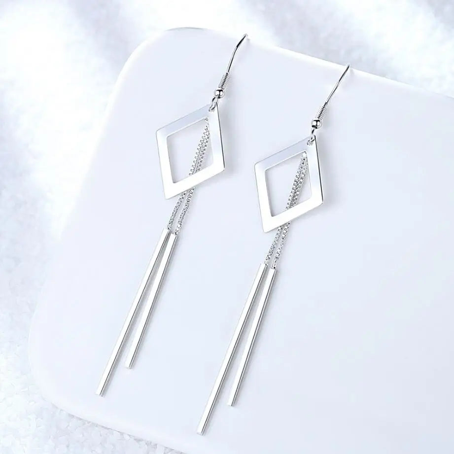 New Trendy Rose Gold 925 Silver Earrings For Women Geometric Hollow Square Long Tassel Earring Female Holiday Jewelry