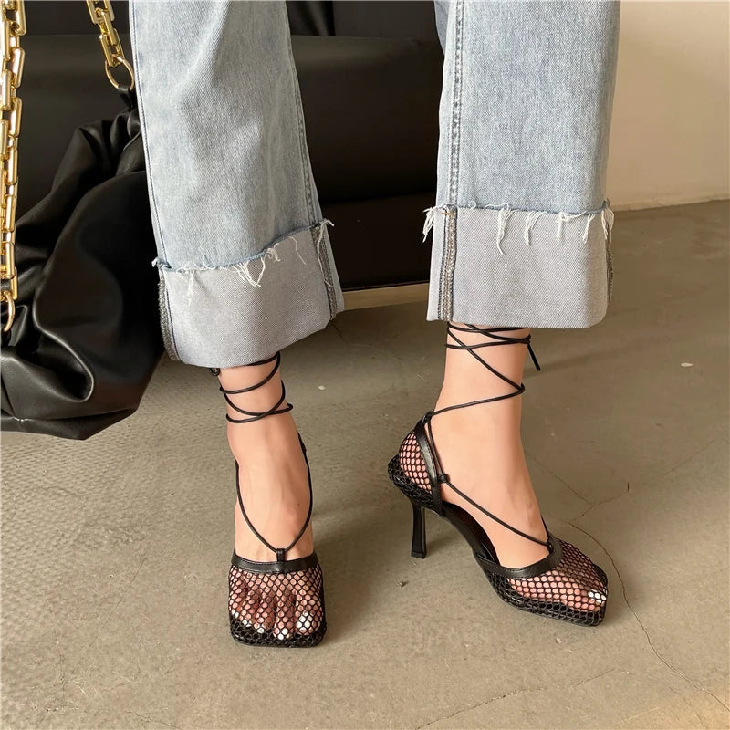 2026 Stiletto Heels Mesh Fashion Sandals Square Toe Cross-Tied Shallow Concise Party Rome Solid Summer Shoes for Women