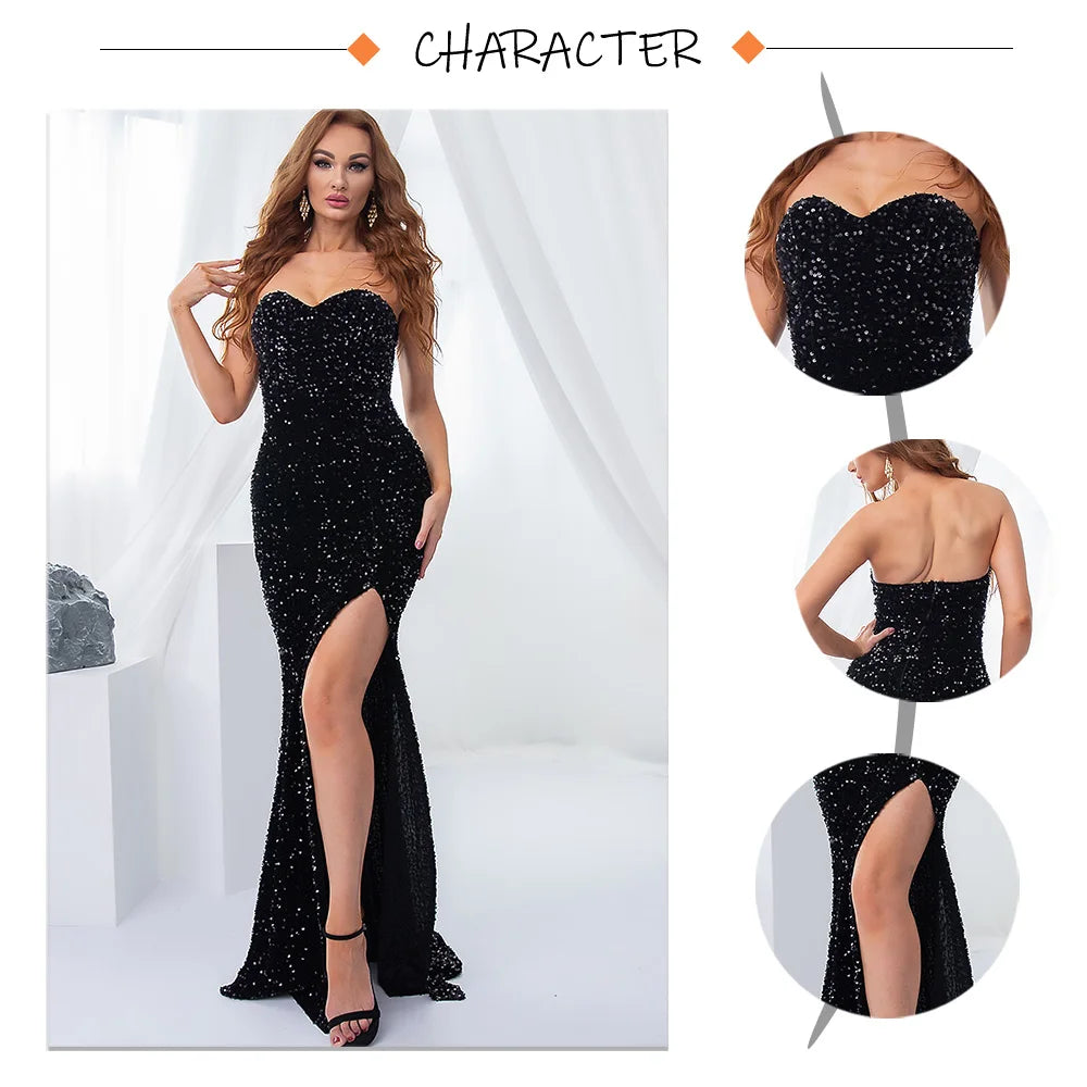 Luxury Sequin Strapless Evening Party Dresses Stretch Velvet Sexy Slit Leg Padded Long Cocktail Prom Dress Wedding Gown