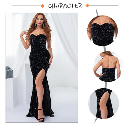 Luxury Sequin Strapless Evening Party Dresses Stretch Velvet Sexy Slit Leg Padded Long Cocktail Prom Dress Wedding Gown