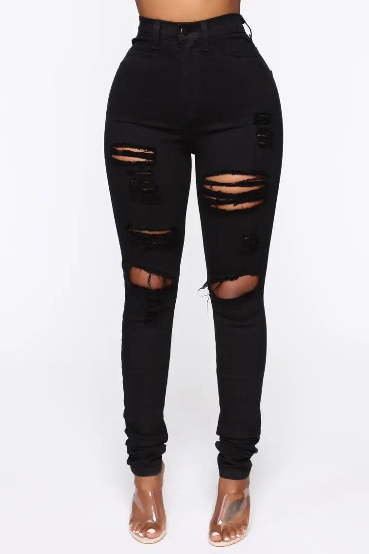 Black Ripped Jeans For Womens High Waist Denim Pencil Pants