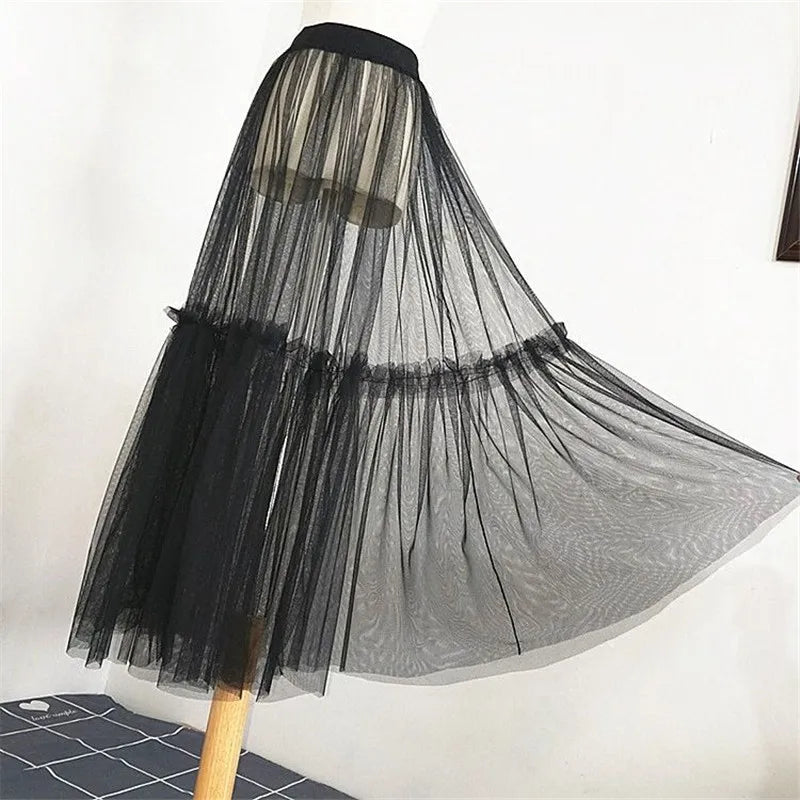 2020 Women Sexy Mesh Transparent Long Tulle Skirt Korean Fashion Summer Ladies Elastic High Waist Black White Beach Midi Skirt