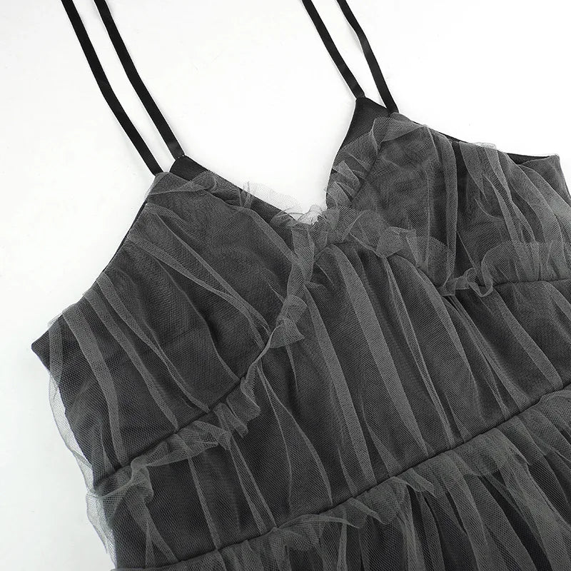 Dark Gothic Elegant Dress Women Emo Alt Vintage Mesh Patchwork Lace Up High Waist Dress Y2k Harajuku Mall Goth Partywear