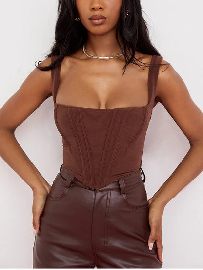 NewAsia Boning Corset Top Zipper 2Layer Elastic Solid Color Square Neck Slim Fit Bustier Women Summer Crop Tank Top Fashion Vest