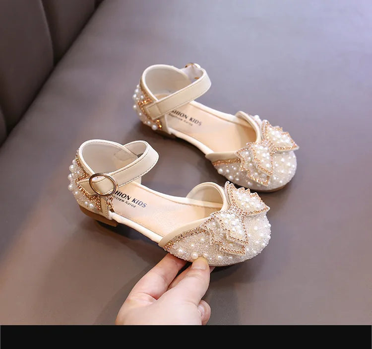 Girls Party Shoes Elegant Rhinestone Fashion Children's Leather Shoes Versatile Sweet Kids Princess Wedding Dress Flats Sandals