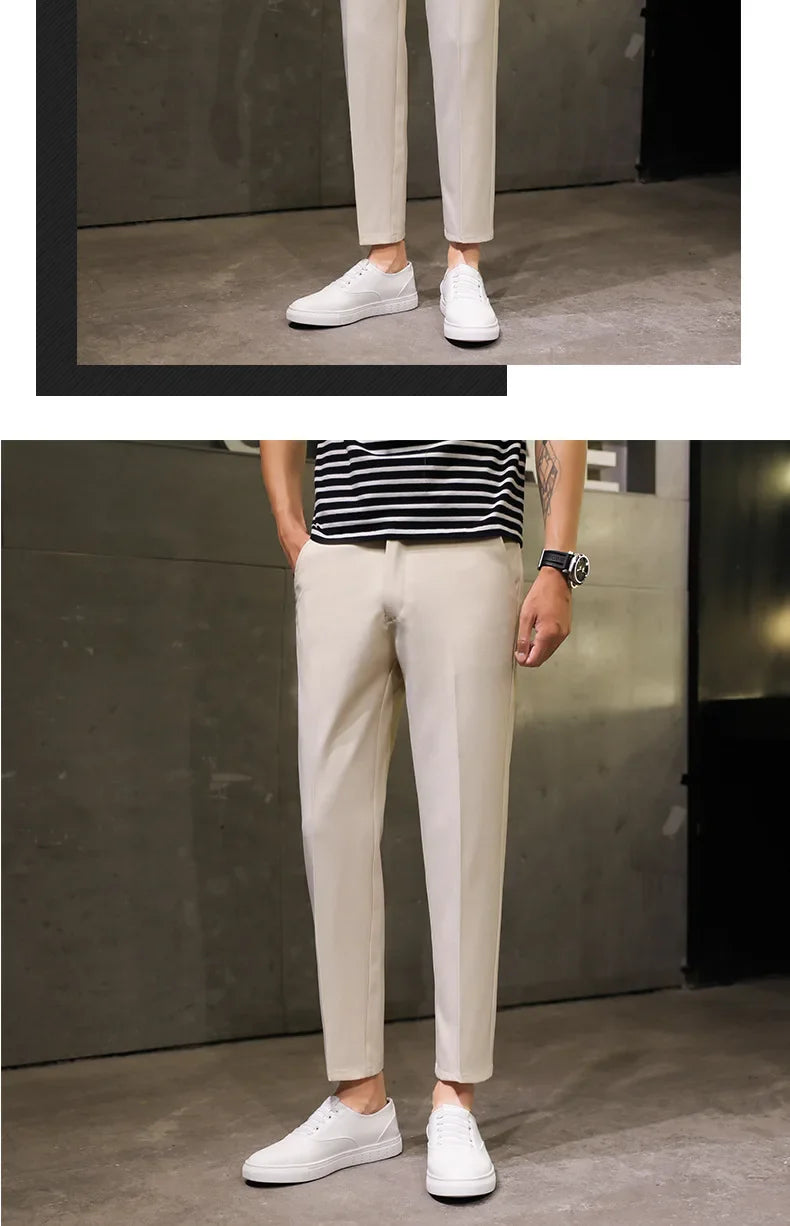 Spring Summer Men's Casual Pants Ankle Length Straight Classic Simplicity Solid Color Comfortable Male Business Pants
