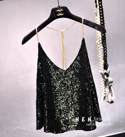 Sequins Condole Belt Vest, Women's Fashion Wear Tops 2023 Suumer Sexy Low-cut Loose T-shirts tank top  tops