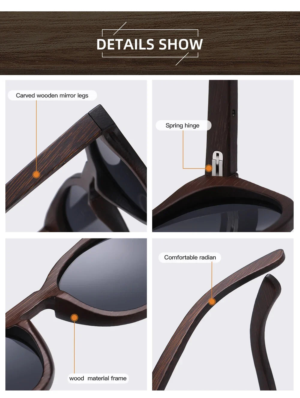 Desgin Spring New Style 100% Bamboo Polarized Sunglasses Men Women Fashion Glasses UV400 paper Box 8240