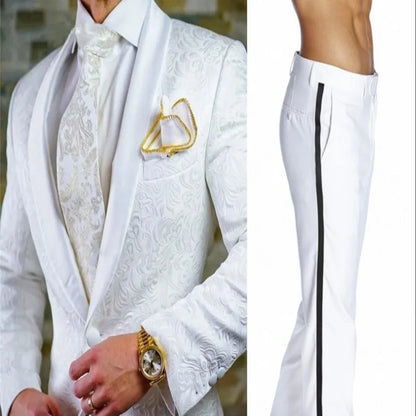 White Pattern Groom Tuxedos Shawl Satin Lapel Men Suits 2 Pieces Wedding Bridegroom ( Jacket + Pants + Tie  ) D201