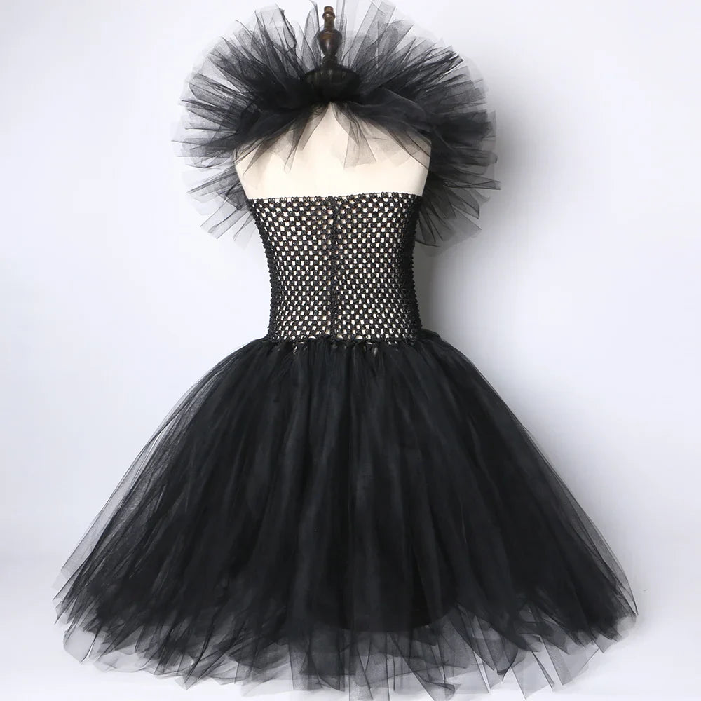Girls Black Evil Queen Maleficent Tutu Dress Horns Wings Dark Witch Cosplay Carnival Halloween Costume for Kids Fancy Clothes