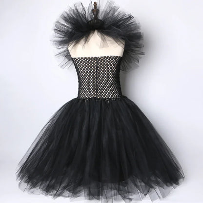 Girls Black Evil Queen Maleficent Tutu Dress Horns Wings Dark Witch Cosplay Carnival Halloween Costume for Kids Fancy Clothes
